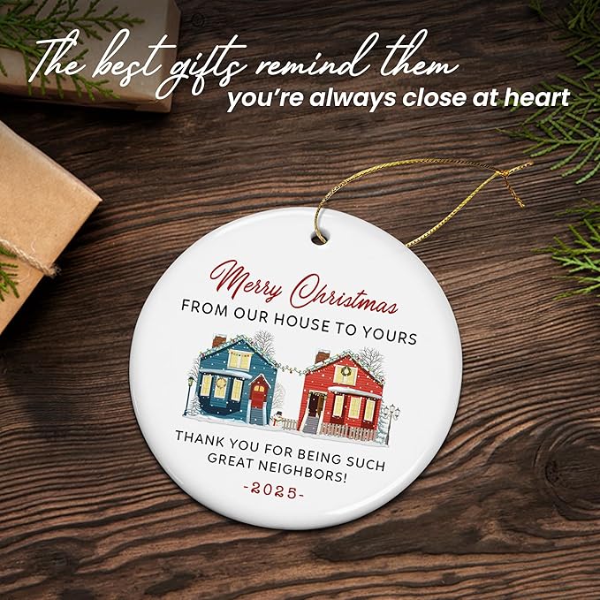 Christmas Neighbor Gifts for Women Men - Ceramic Christmas Ornaments 2025 with Card for Tree Decorations - Friend Gifts for Neighbors, Ornaments for Neighbors, Awesome Neighbor Gift for Friend