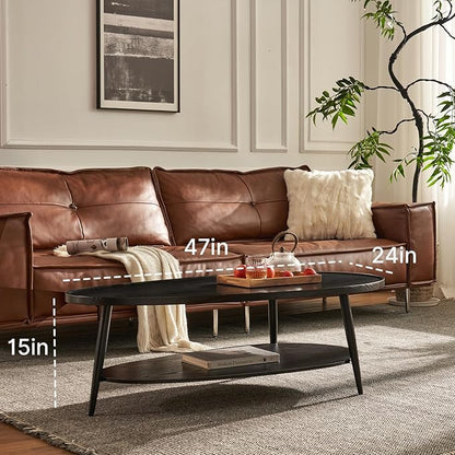 Saint Mossi Modern Black Coffee Table for Living Room, Mid-Century Oval Wood Coffee Table, Double Layer Center Table for Small Space, D47xW23.6xH15