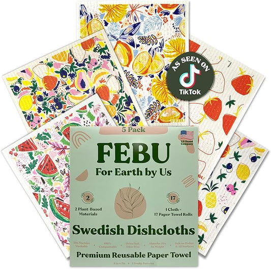 FEBU Swedish Dish Cloths 5 Pack Reusable Washable Kitchen Dish Towels, Fruit Pattern