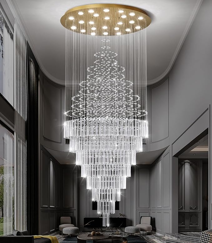 W47 x H120 Crystal LED Chandelier with Light Bulbs Luxury Raindrop High Ceiling Chandeliers for Entryway Villa Staircase Foyer Living Room Lighting Fixtures Gold