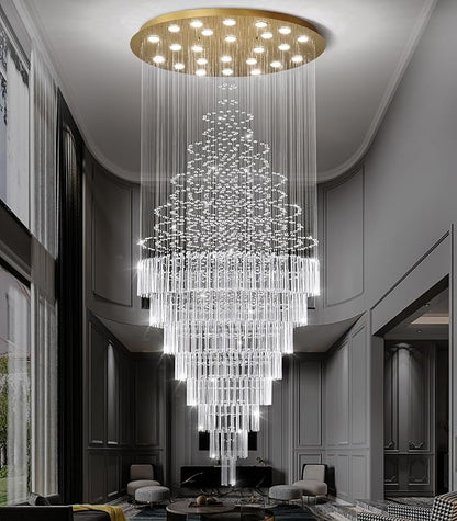 W47 x H120 Crystal LED Chandelier with Light Bulbs Luxury Raindrop High Ceiling Chandeliers for Entryway Villa Staircase Foyer Living Room Lighting Fixtures Gold