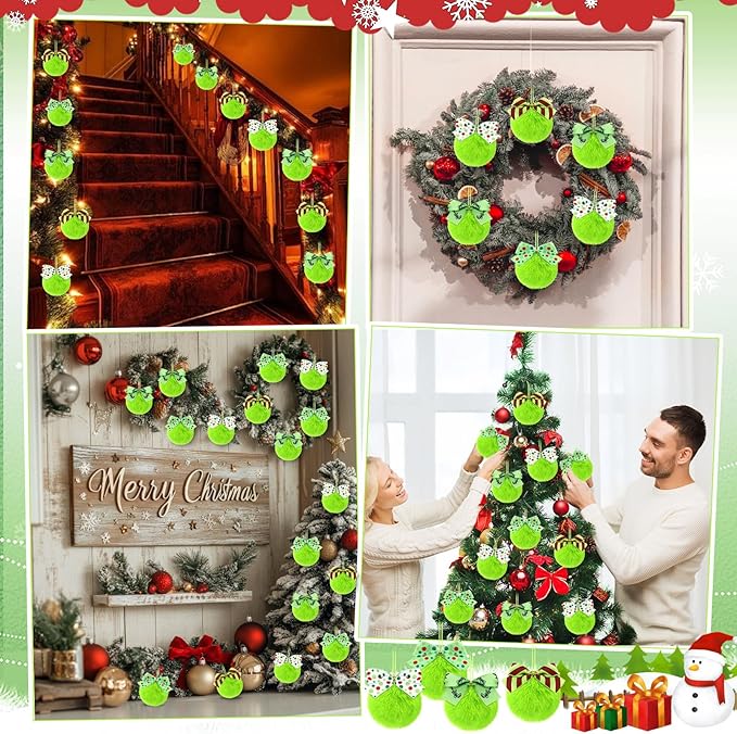 Norme 24-Pack Lime Green Furry Christmas Balls with Bow, 4" Soft Faux Fur Plush Pom Pom Ball Ornaments for Christmas Tree Hanging Decorations Party Fireplace Mantel Wall Decor(Mixed Style)