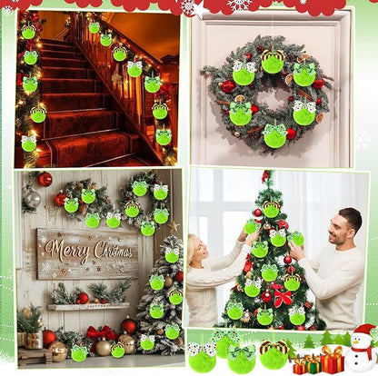 Norme 24-Pack Lime Green Furry Christmas Balls with Bow, 4" Soft Faux Fur Plush Pom Pom Ball Ornaments for Christmas Tree Hanging Decorations Party Fireplace Mantel Wall Decor(Mixed Style)