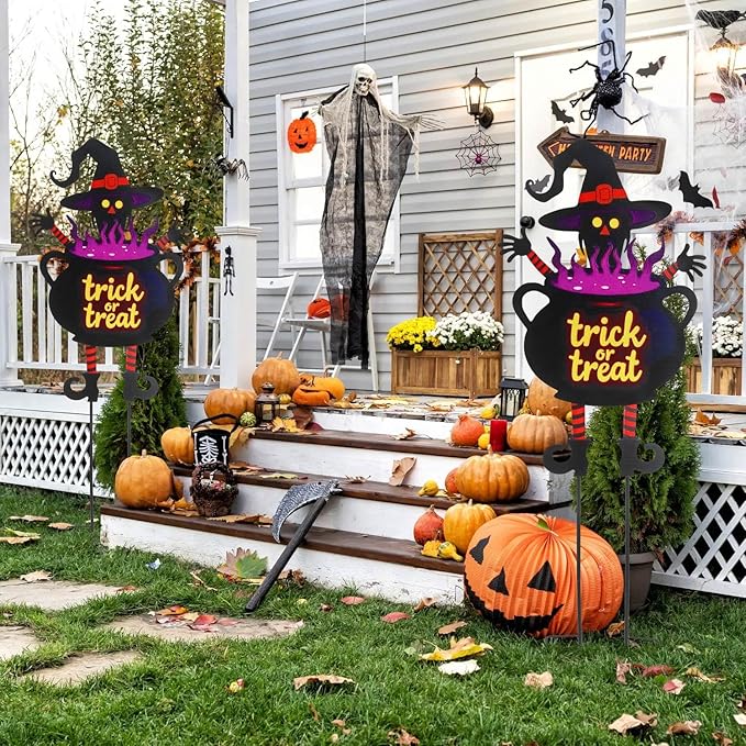 Witch Halloween Decorations Cauldron 39.7 inch with Trick or Treat Sign, Large Halloween Yard Stakes Metal for Garden, Lawn, and Outdoor Spooky Yard Decorations