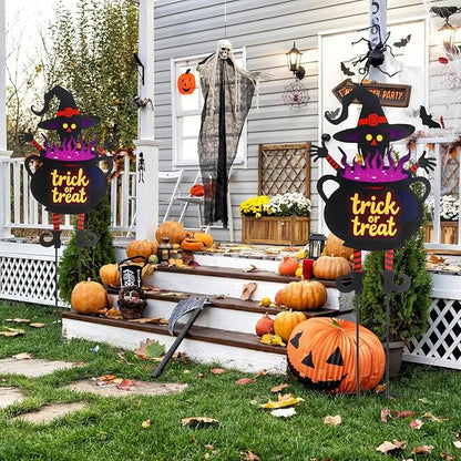 Witch Halloween Decorations Cauldron 39.7 inch with Trick or Treat Sign, Large Halloween Yard Stakes Metal for Garden, Lawn, and Outdoor Spooky Yard Decorations
