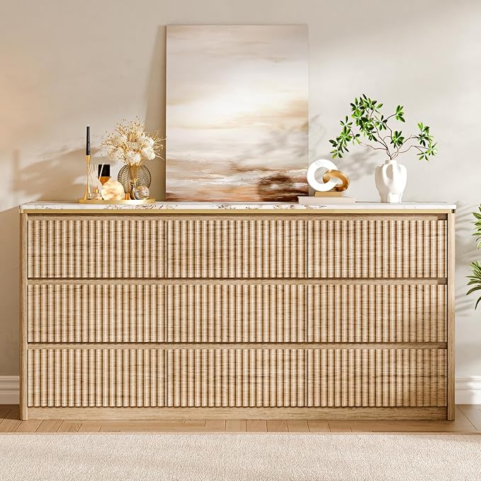Fluted Dresser for Bedroom with 9 Drawers,62.99" Modern Chest of Drawers with Faux Marble Top, Curved Profile Design,Dresser TV Stand, Wood Drawer Organizer for Living Room, Hallway, Wood
