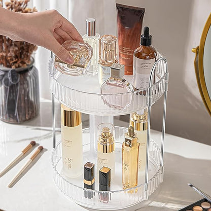 Aveniee 360 Rotating Makeup Organizer for Vanity, Skincare Perfume Organizers Large, Bathroom Countertop Organizer and Storage, Clear Cosmetics Lipstick Holder for Dresser,2 Tiers, Grey