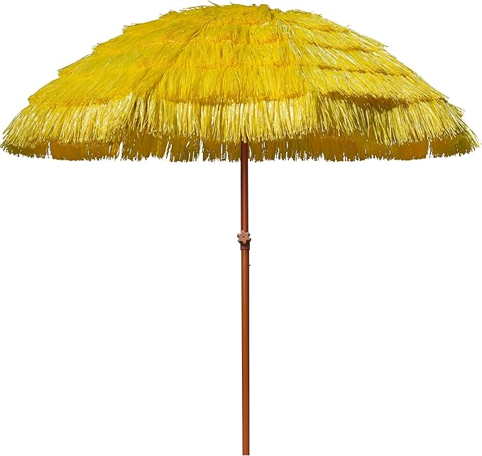 AMMSUN 7.5ft Hula Thatched Tiki Patio Beach Umbrella Hawaiian Style 10 Ribs UPF 50+ with Tilt Carry Bag for Outdoor Tiki Bar, Tropical Palapa, Patio Garden Beach Pool Backyard Yellow