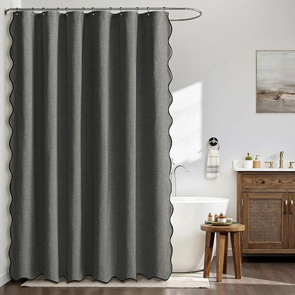 MIULEE Charcoal Grey Scalloped Shower Curtain Linen Textured with 12 Metal Hooks Cute Heavy Duty Washable Waterproof Thick Cloth Shower Curtains with Black Border for Bathroom Hotel Bathtub,W72*L72