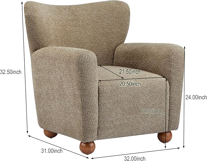 Christopher Knight Home Lindy Wingback Accent Chair, Upholstered Armchair with Rounded Wooden Legs, Curved Backrest Single Sofa, Soft Cushion Seating, Comfy Lounge Chair for Living Room, Light Brown