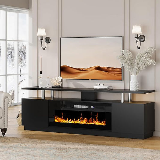Fireplace TV Stand for 80 Inch TV, Modern 70” Entertainment Center with 36” Electric Fireplace, 12 Flame Colors, Media Console with Tempered Glass Shelves, TV Cabinet with Storage, Black (Black)