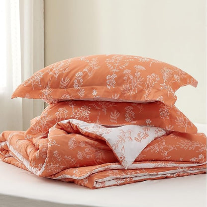 Bedsure Twin/Twin XL Comforter Set - Coral Orange Bed Set, 2 Pieces Cute Floral Bedding, 1 Soft Reversible Botanical Flowers Comforter and 1 Pillow Sham