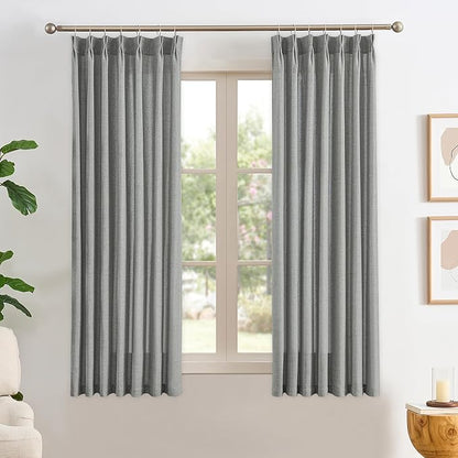 RAIN CITY Grey Linen Curtains 63 Inches Long Pinch Pleated with Hooks 2 Panels, Semi Sheer Textured Light Filtering Window Drapes for Bedroom Back Tab 42x63-in