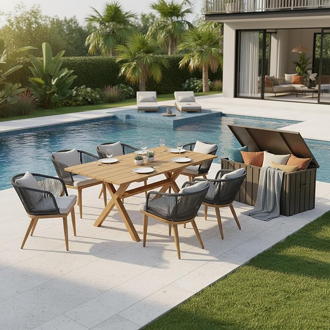 PURPLE LEAF 7 Pieces Patio Dining Table Set with StorageBox Wicker Teak-Finish Outdoor Furniture Rectangular Table and Chairs Set for Garden Deck Backyard Kitchen, Cushions and Pillows Included