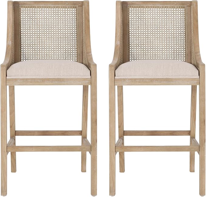 Merax 30" Fabric Upholstered Wood and Cane Barstools with Backrest,Set of 2,French Country Counter Stools Dining Chair