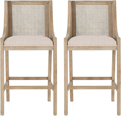 Merax 30" Fabric Upholstered Wood and Cane Barstools with Backrest,Set of 2,French Country Counter Stools Dining Chair