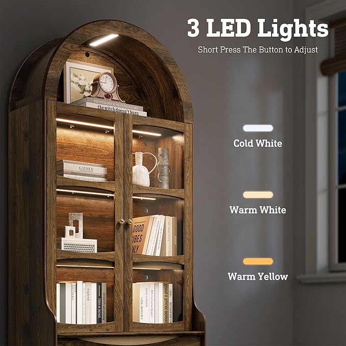 STO'SENSE 73" Tall Arched Bookshelf with LED Lights,4-Tier Modern Farmhouse Arched Bookcase with Glass Doors and Shelves,Wooden Display Cabinet with 2 Drawers for Living Room, Dining Room (Walnut)