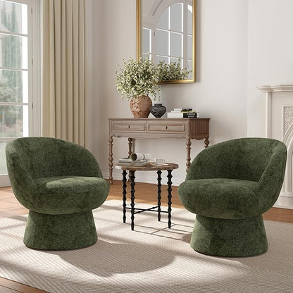 360° Swivel Accent Chair with Curved Back, Modern Green Chenille Upholstered Round Barrel Chair, Bucket Vanity Armchair for Small Space,Living Room, Bedroom