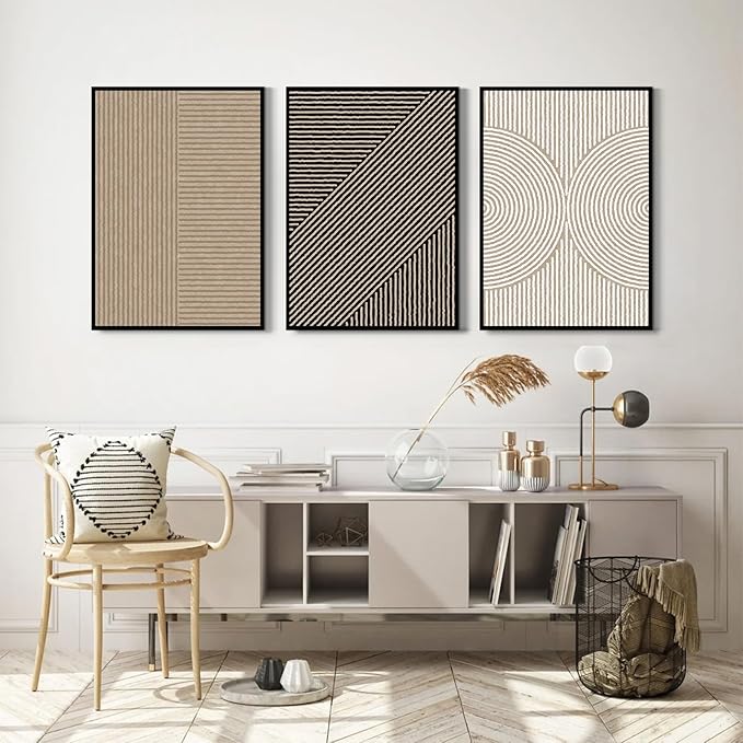 Boho Modern Wall Art Pictures Neutral Abstract Canvas Wall Decor Minimalist Line Wall Art Beige Brown Black Poster Mid Century Painting Artwork for Living Room Bedroom 12x16 Inch Framed Set of 3
