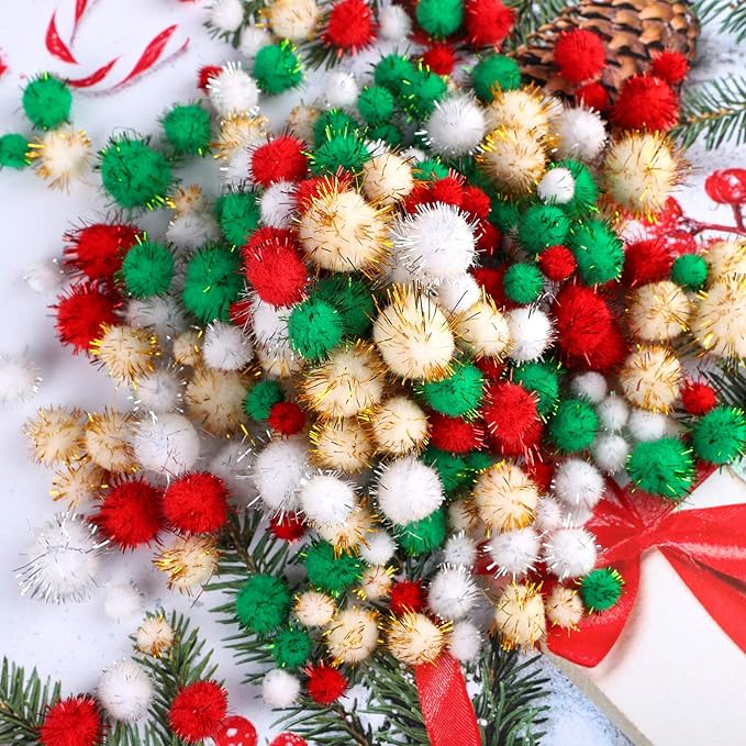 Aneco 900 Pieces Glitter Christmas Pom Poms Assorted Sizes and Colors Pompoms with Glitter Foil Christmas Crafts Fluffy Balls for Holidays DIY Art Crafts Supplies