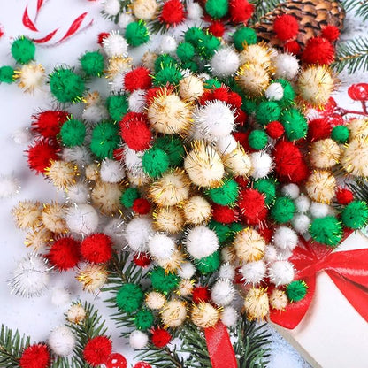 Aneco 900 Pieces Glitter Christmas Pom Poms Assorted Sizes and Colors Pompoms with Glitter Foil Christmas Crafts Fluffy Balls for Holidays DIY Art Crafts Supplies