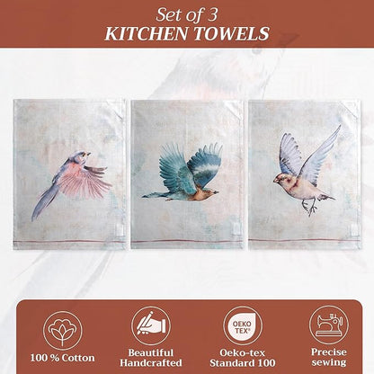Maison d'Hermine Dish Towels 100% Cotton Absorbent Kitchen Towels Flying Birds Spring Summer Set of 3