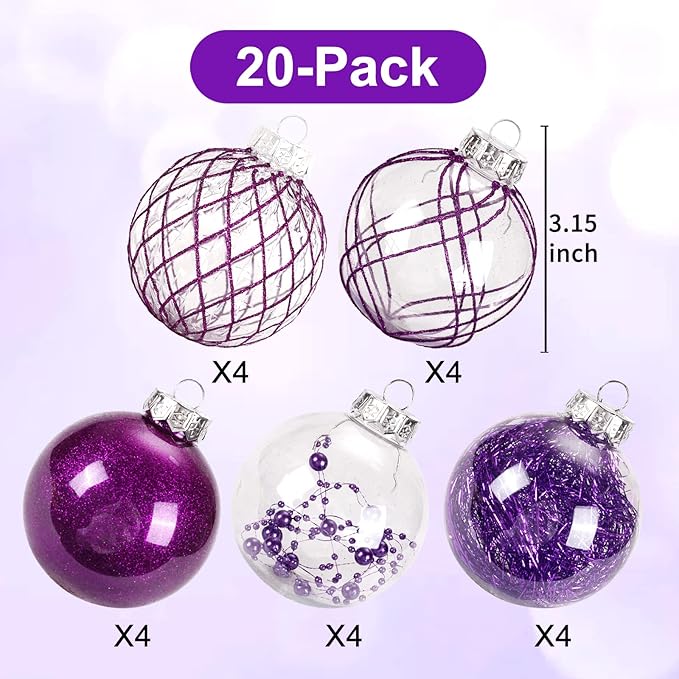 Christmas Ball Ornaments Set, 20ct Large Clear Shatterproof 80mm/3.15inch Purple Christmas Ornaments for Christmas Tree Decorations Hanging Decorative Baubles for Halloween Xmas Holiday Party