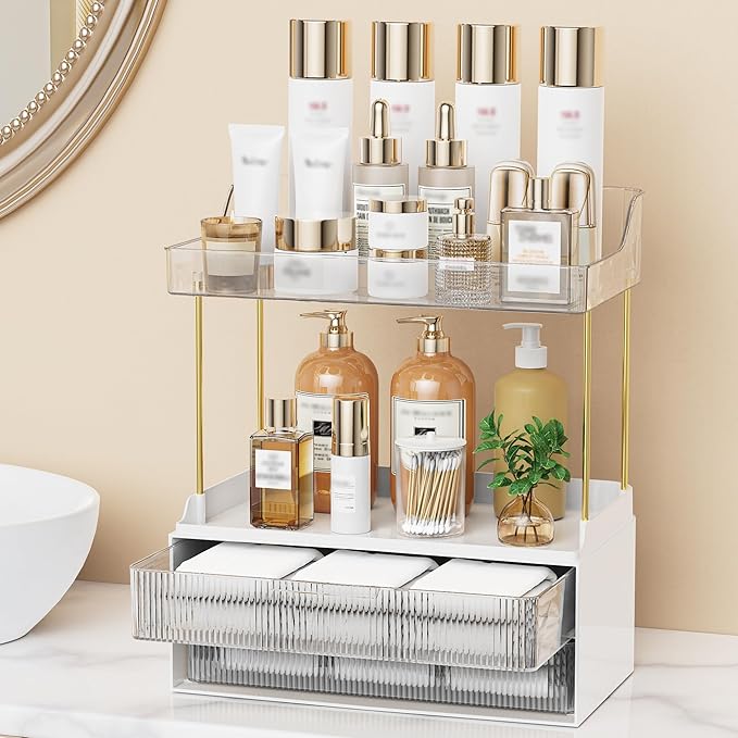 Bathroom Organizers and Storage, Makeup Organizer (Sturdy Durable Attractive), Ideal for Vanity, Countertop, Counter, Perfume, Skincare, Cabinet, Cosmetic, Dresser Organizer (white)