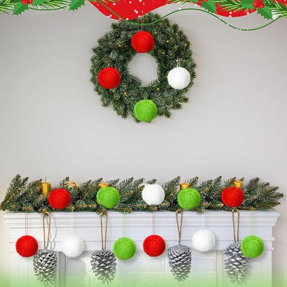 Gejoy 12 Pcs Furry Christmas Ball Ornaments for Xmas Tree Red Green White Christmas Hanging Decorations Soft Faux Fur Pom Pom Ball Ornaments for Party Supplies Fireplace Mantel Home Wall Decor