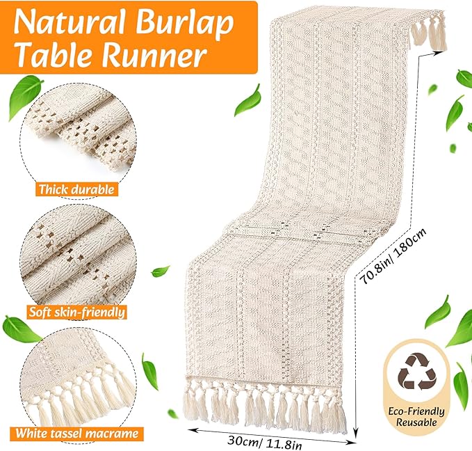 6 Sets Boho Placemats Round Woven Placemats, Cloth Napkins, Wood Bead Napkin Rings, Long Table Runner and Farmhouse Rustic Natural Burlap Cotton for Kitchen Dining Table Home (White)