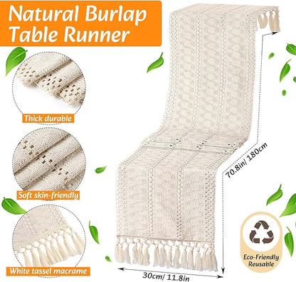 6 Sets Boho Placemats Round Woven Placemats, Cloth Napkins, Wood Bead Napkin Rings, Long Table Runner and Farmhouse Rustic Natural Burlap Cotton for Kitchen Dining Table Home (White)