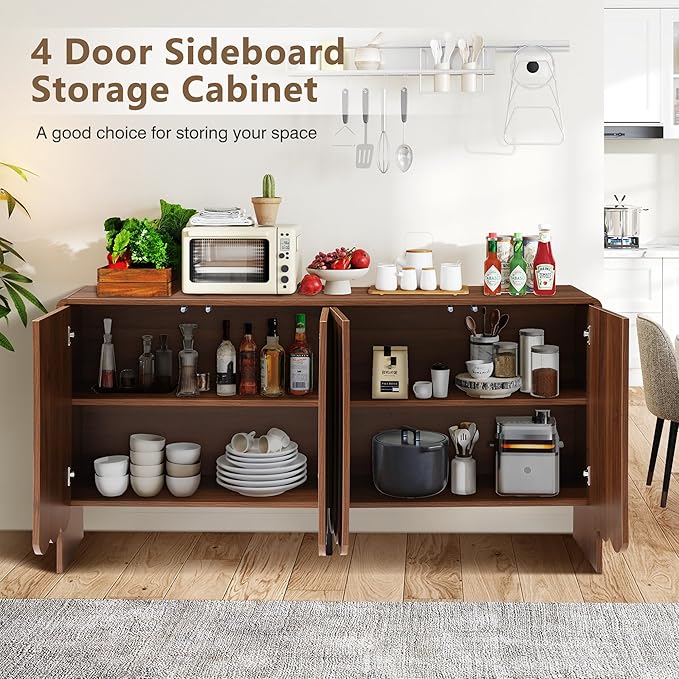 ORRD Sideboard Buffet Cabinet, Accent Storage Cabinets with 4 Doors, Farmhouse Wood Cabinet with Adjustable Shelves and Wave Panel for Living Room, Dining Room, Entry - Walnut