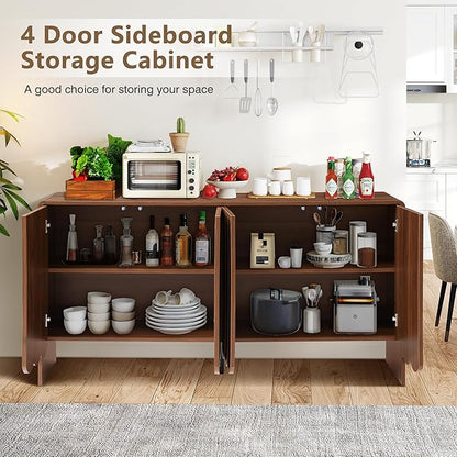 ORRD Sideboard Buffet Cabinet, Accent Storage Cabinets with 4 Doors, Farmhouse Wood Cabinet with Adjustable Shelves and Wave Panel for Living Room, Dining Room, Entry - Walnut
