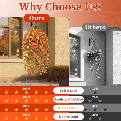 Yastouay Artificial Fall Hanging for Outdoors, Fake Hanging Plants Artificial Decor, Silk Orange Fake Mums Fall Flowers Artificial for Decoration Porch Front Door Yard Fall Decor