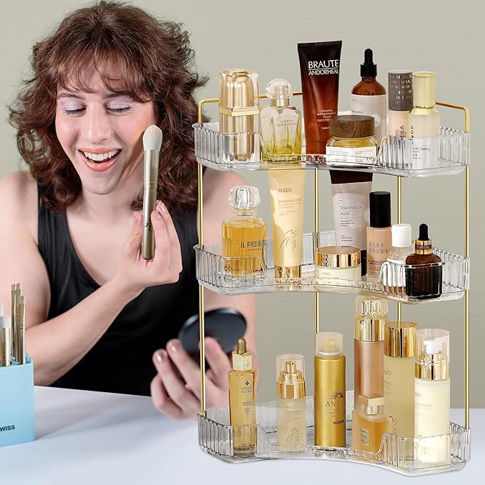 Corner Bathroom Counter Organizer Bathroom Countertop Shelf Makeup Organizer for Vanity Perfume Corner Storage (3 Tiers, White)