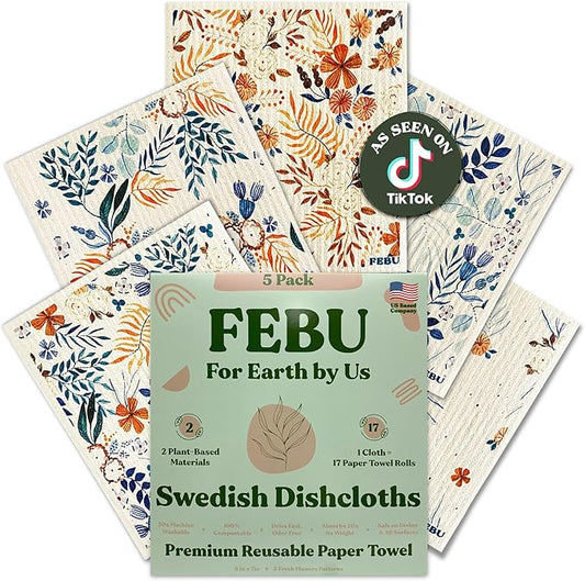 FEBU Swedish Dishcloths for Kitchen 5 Pack Fresh Flowers Reusable Washable Absorbent Dish Towels
