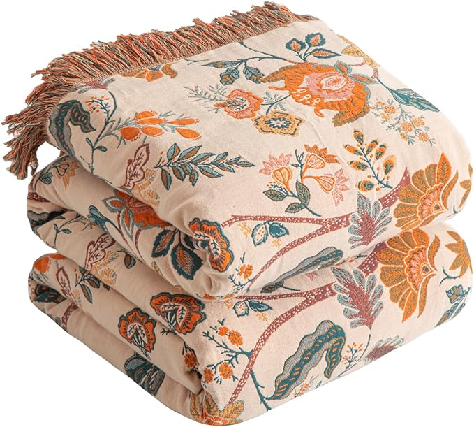Boho Throw Blanket 100% Cotton Woven Ultra Soft 4-Layer Muslin Quilt Farmhouse Bed Blanket Cover 80"x90", Floral