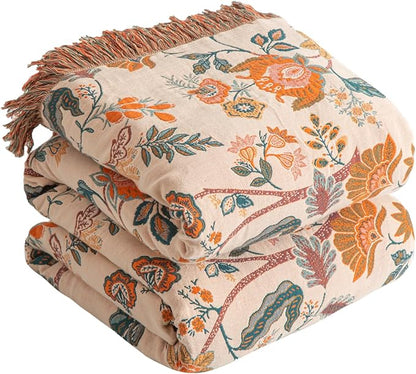 Boho Throw Blanket 100% Cotton Woven Ultra Soft 4-Layer Muslin Quilt Farmhouse Bed Blanket Cover 60"x80", Floral