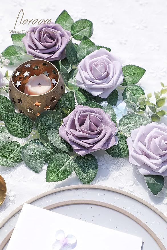 Floroom Artificial Flowers 50pcs Real Looking Lavender African Violet Purple Foam Fake Roses with Stems for DIY Wedding Bouquets Bridal Shower Centerpieces Floral Arrangements Party Tables Decorations