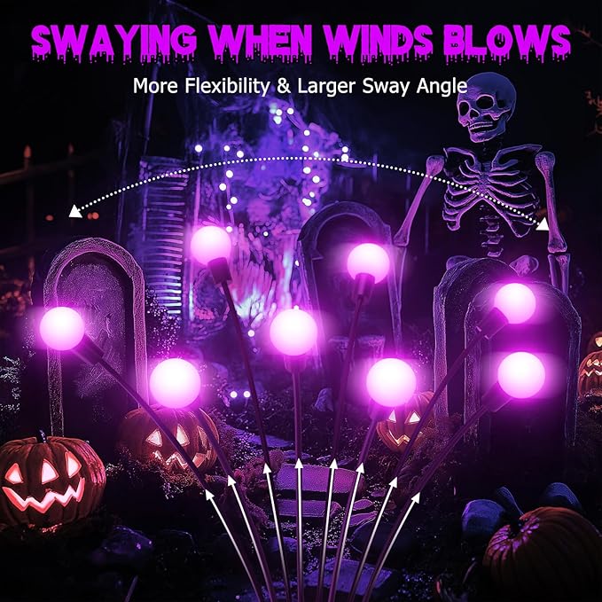 6Pack 48 LED Halloween Decorations Outdoor -LETMY Upgraded Swaying Solar Lights Outdoor, Waterproof Solar Firefly Lights Solar Halloween Lights for Pathway Yard Garden Decorations (Purple)