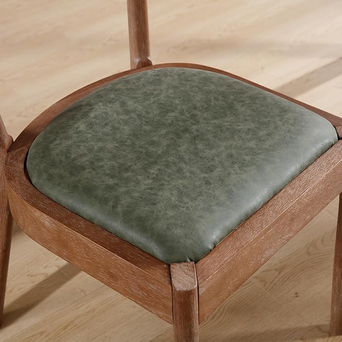 Wood Dining Chairs Set of 2, Mid Century Modern Living Room Chairs with Unique Curved Open Back Comfy Upholstered Side Chair for Kitchen/Restaurant/Reception, Faux Leather Green