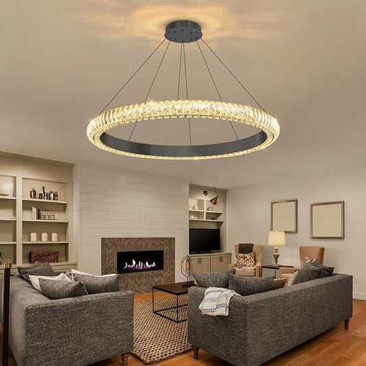 32" 1 Ring Crystal Chandelier Modern LED Dimmable Ring Pendant Light Chandelier for Dining Room Living Room Black