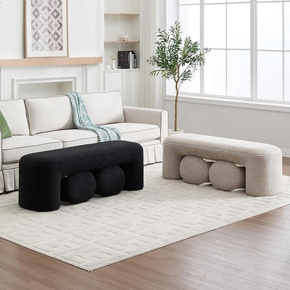 3-Pieces Modern Upholstered Ottoman Waterfall Bench for Bedroom End of Bed Accent Chair, 53" Sherpa Entryway Bench Sets, Comfy Indoor Narrow Window Bench Bed Stool Living Room Bedroom, Black
