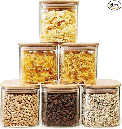 Square Glass Jars with Bamboo Lids 27 FL OZ [Set of 6], Glass Canisters with Airtight Lids, Glass Food Storage Containers for Coffee, Sugar, Tea, Candies, Cookies,Best for Kitchen & Pantry