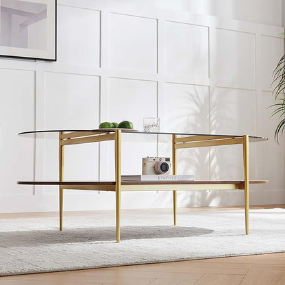 X-Large Oval Glass Coffee Table, Mid-Century Modern Design, L47 x W24 x H17 inch, for Living Room, Amber Glass Top and Walnut Finish Wood Shelf, Conical Legs with Gold Finish Frame