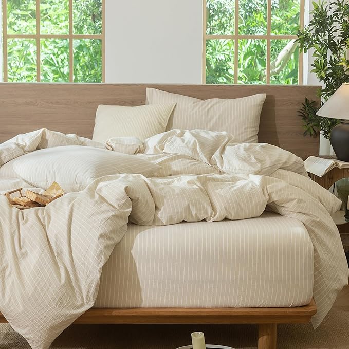 MooMee Striped Duvet Cover Set 100% Washed Cotton Linen Like Textured Breathable Durable Soft Comfy (Almond Milk Grey White Wide Stripes, Palatial King/Oversized King 120"x98")