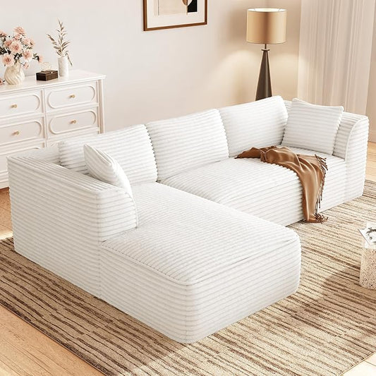 Vesgantti 106" Boneless Couch with Chaise, Deep Seat Comfy Cloud Modular Sofa CorduroySectional for Living Room Bedroom, No Assembly Required (Beige, Left-Facing Chaise)
