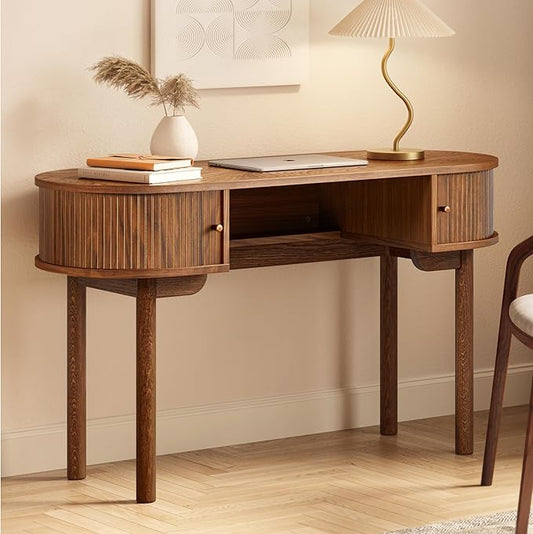 WERMO 51'' Small Wood Writing Desk and Makeup Vanity Desk with Storage and Sliding Doors - Narrow Computer and Work Table for Home Office, Modern Vanity, Brown Dressing Table for Bedroom (Walnut)