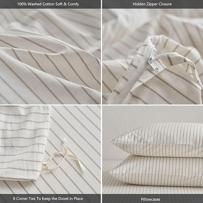 MooMee Striped Duvet Cover Set 100% Washed Cotton Linen Like Textured Breathable Durable Soft Comfy (White Tannish Linen Grey Wide Stripes, Twin 68"x90")