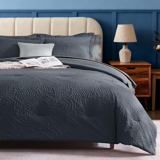 Geniospin King Size Comforter Set - 7 Pieces Blue Gray Textured King Bedding Sets with Comforter, Sheets, Pillowcases & Shams，All Season Blue Gray Bedding